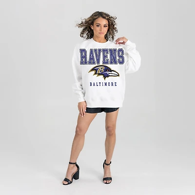 Women's Gameday Couture  White Baltimore Ravens Sunday Drives Oversized Crewneck Pullover Sweatshirt