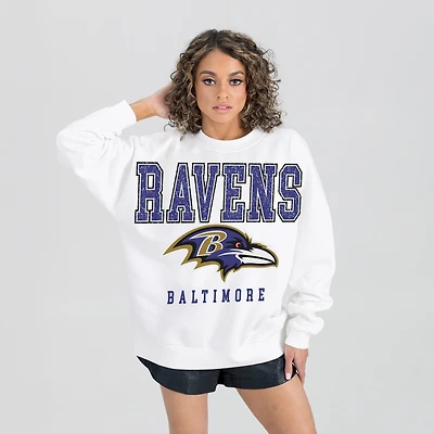 Women's Gameday Couture  White Baltimore Ravens Sunday Drives Oversized Crewneck Pullover Sweatshirt