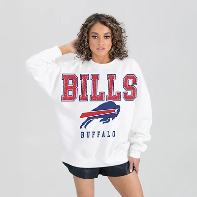 Women's Gameday Couture  White Buffalo Bills Sunday Drives Oversized Crewneck Pullover Sweatshirt