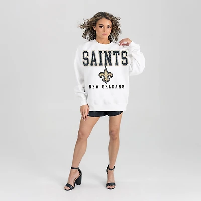 Women's Gameday Couture  White New Orleans Saints Sunday Drives Oversized Crewneck Pullover Sweatshirt