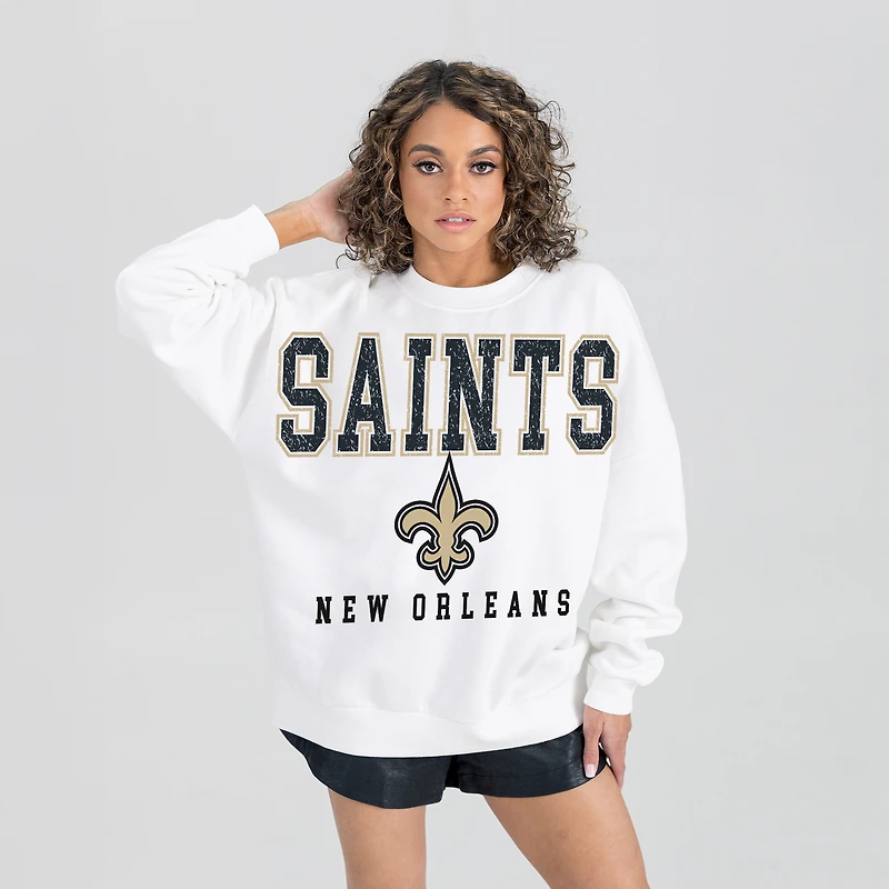 Women's Gameday Couture  White New Orleans Saints Sunday Drives Oversized Crewneck Pullover Sweatshirt