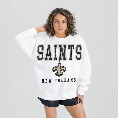 Women's Gameday Couture  White New Orleans Saints Sunday Drives Oversized Crewneck Pullover Sweatshirt