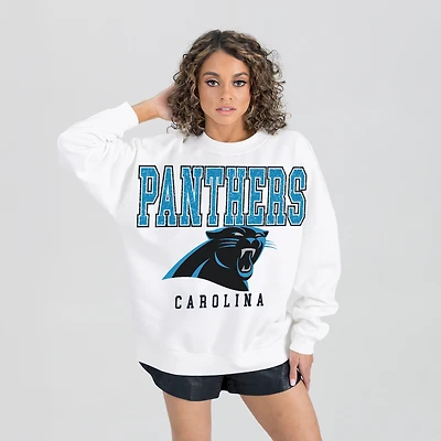 Women's Gameday Couture  White Carolina Panthers Sunday Drives Oversized Crewneck Pullover Sweatshirt