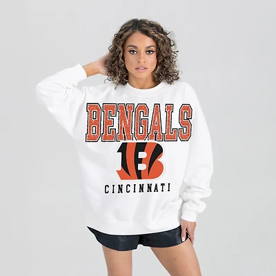 Women's Gameday Couture  White Cincinnati Bengals Sunday Drives Oversized Crewneck Pullover Sweatshirt