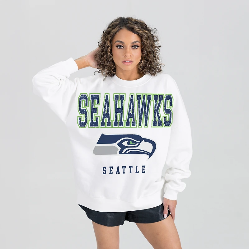 Women's Gameday Couture  White Seattle Seahawks Sunday Drives Oversized Crewneck Pullover Sweatshirt