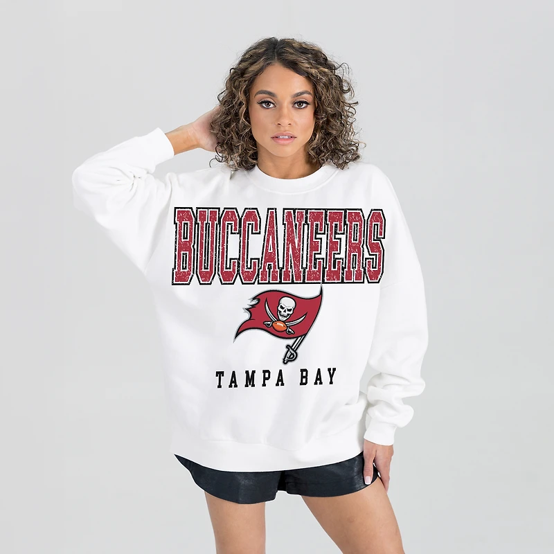 Women's Gameday Couture  White Tampa Bay Buccaneers Sunday Drives Oversized Crewneck Pullover Sweatshirt