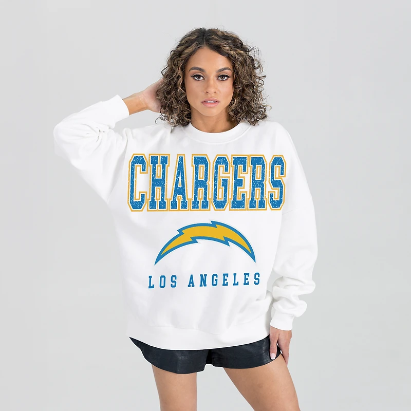 Women's Gameday Couture  White Los Angeles Chargers Sunday Drives Oversized Crewneck Pullover Sweatshirt