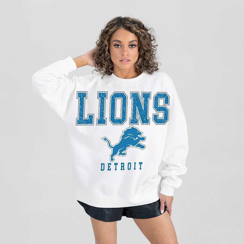 Women's Gameday Couture  White Detroit Lions Sunday Drives Oversized Crewneck Pullover Sweatshirt