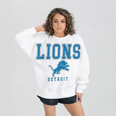 Women's Gameday Couture  White Detroit Lions Sunday Drives Oversized Crewneck Pullover Sweatshirt