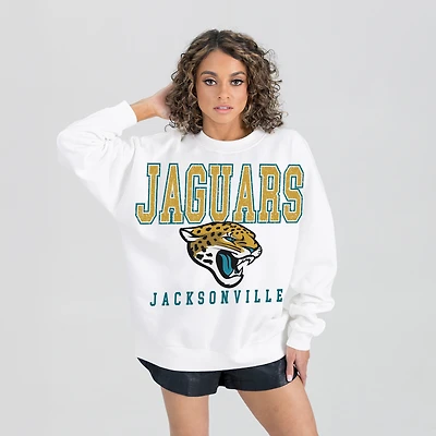 Women's Gameday Couture  White Jacksonville Jaguars Sunday Drives Oversized Crewneck Pullover Sweatshirt
