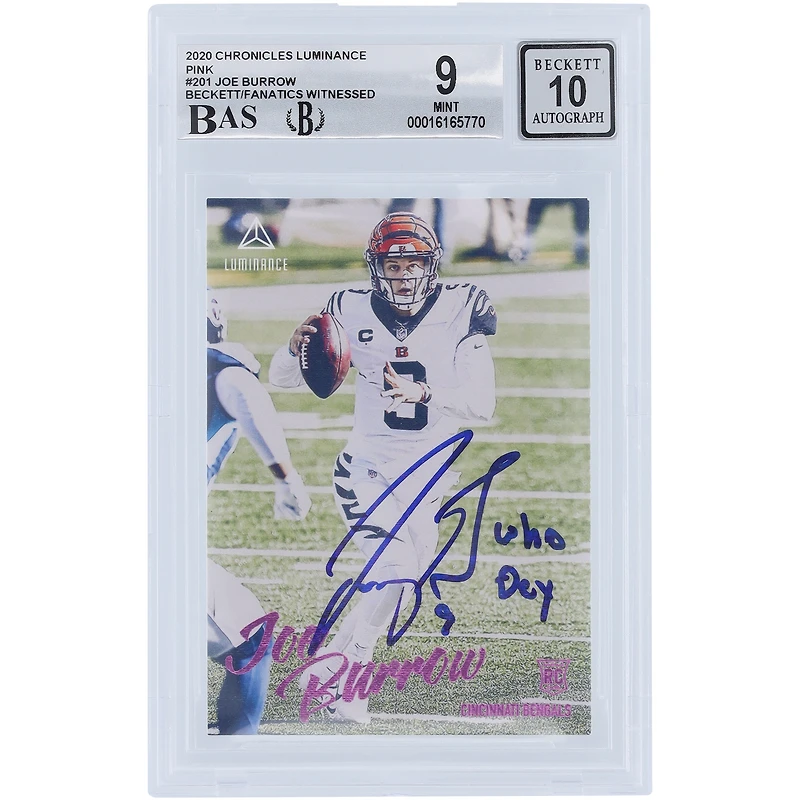 Joe Burrow Cincinnati Bengals Autographed 2020 Panini Luminance Pink #201 Beckett Fanatics Witnessed Authenticated 9/10 Rookie Card with "WHO DEY" Inscription - 10,8.5,9,9.5 Subgrades