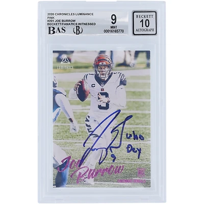 Joe Burrow Cincinnati Bengals Autographed 2020 Panini Luminance Pink #201 Beckett Fanatics Witnessed Authenticated 9/10 Rookie Card with "WHO DEY" Inscription - 10,8.5,9,9.5 Subgrades