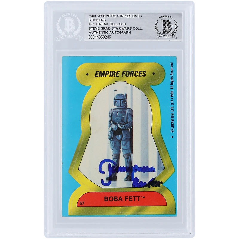 Jeremy Bulloch Star Wars Autographed 1980 Topps The Empire Strikes Back Sticker #57 BAS Authenticated Card with "Boba Fett" Inscription