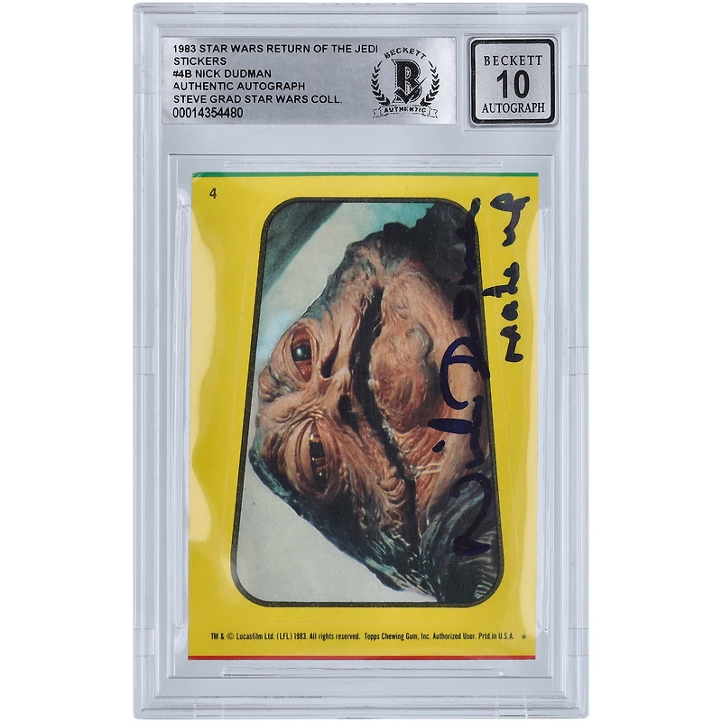 Nick Dudman Star Wars Autographed 1983 Topps Return of the Jedi Sticker #4B BGS Authenticated 10 Card with "Make Up" Inscription