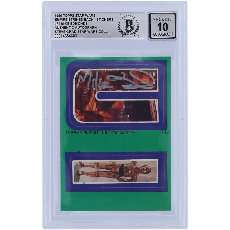 Mike Edmonds Star Wars Autographed 1980 Topps The Empire Strikes Back Stickers #71 BGS Authenticated 10 Card