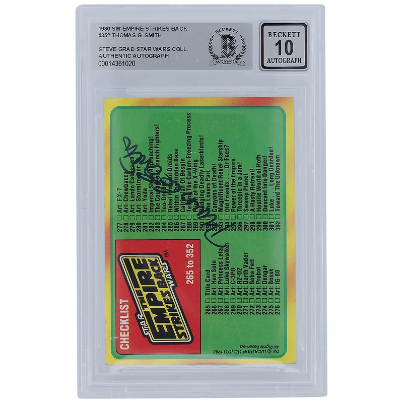 Thomas G. Smith Star Wars Autographed 1980 Topps The Empire Strikes Back #352 BGS Authenticated 10 Card