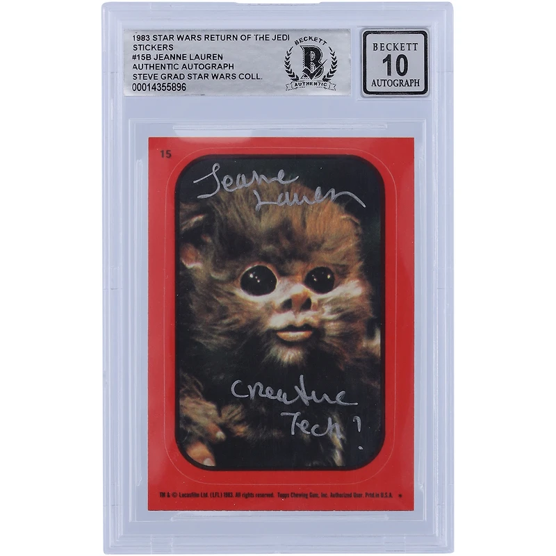Jeanne Lauren Star Wars Autographed 1983 Topps Return of the Jedi Sticker #15B BGS Authenticated 10 Card with "Creature Tech!" Inscription