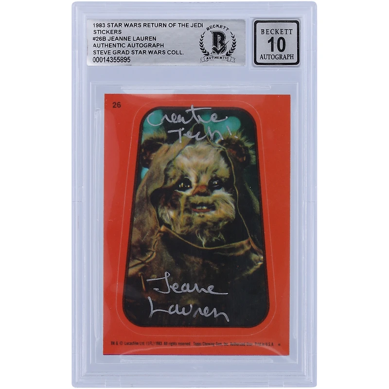 Jeanne Lauren Star Wars Autographed 1983 Topps Return of the Jedi Sticker #26B BGS Authenticated 10 Card with "Creature Tech!" Inscription