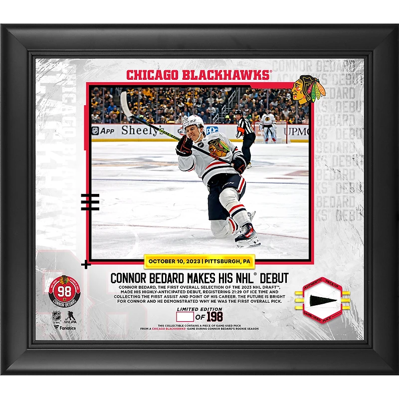 Connor Bedard Chicago Blackhawks Framed NHL Debut 15" x 17" Player Collage with a Piece of Game-Used Puck - Limited Edition of 198