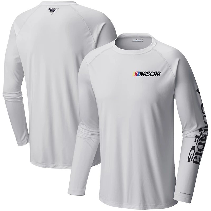 Men's Columbia White NASCAR Terminal Tackle Omni-Shade Raglan Long Sleeve T-Shirt