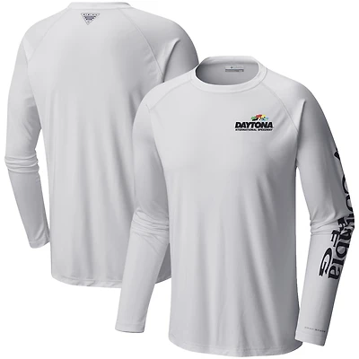 Men's Columbia White Daytona International Speedway Terminal Tackle Omni-Shade Raglan Long Sleeve T-Shirt