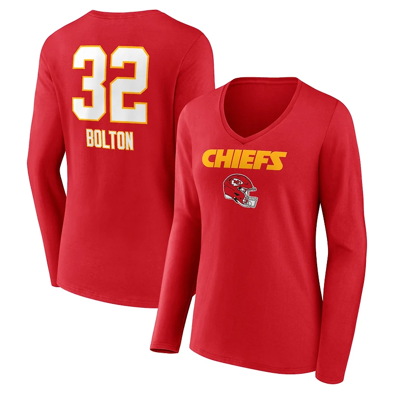 Women's Nick Bolton Red Kansas City Chiefs Wordmark Player Name & Number Long Sleeve V-Neck T-Shirt