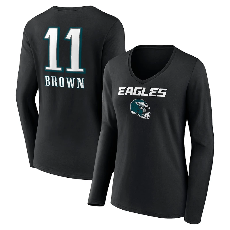 Women's A.J. Brown Black Philadelphia Eagles Wordmark Player Name & Number Long Sleeve V-Neck T-Shirt