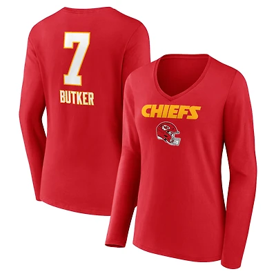 Women's Harrison Butker Red Kansas City Chiefs Wordmark Player Name & Number Long Sleeve V-Neck T-Shirt