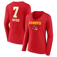 Women's Harrison Butker Red Kansas City Chiefs Wordmark Player Name & Number Long Sleeve V-Neck T-Shirt