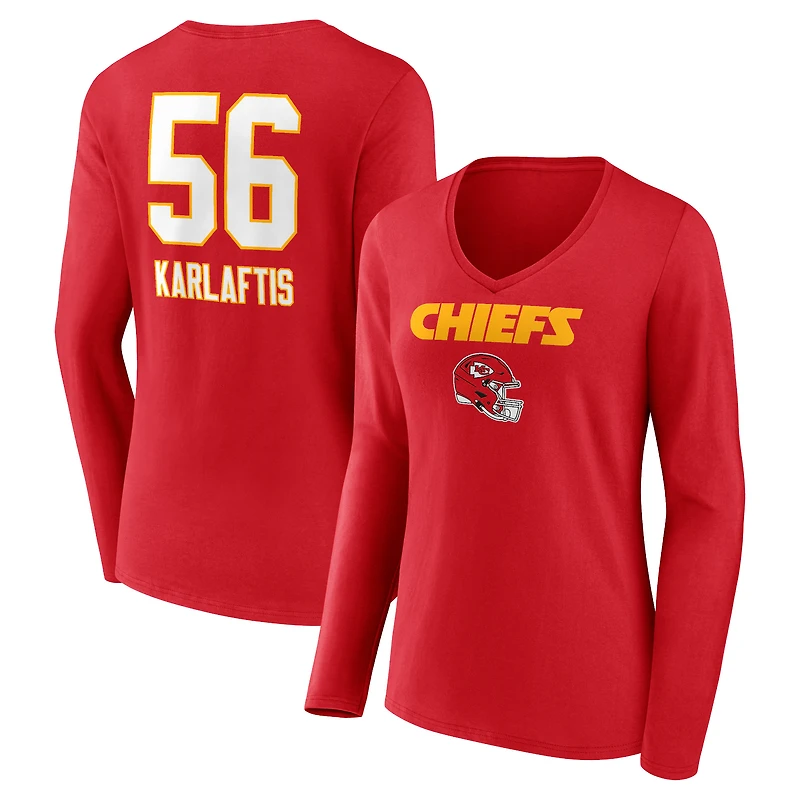 Women's George Karlaftis Red Kansas City Chiefs Wordmark Player Name & Number Long Sleeve V-Neck T-Shirt