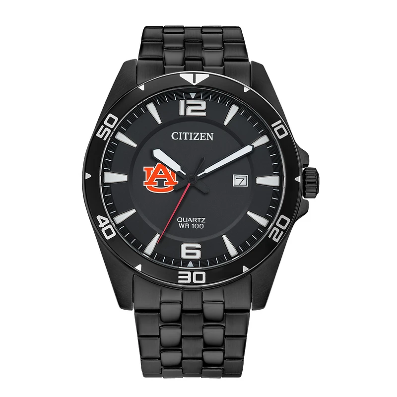 Men's  Auburn Tigers Quartz Black-Tone Stainless Steel Watch