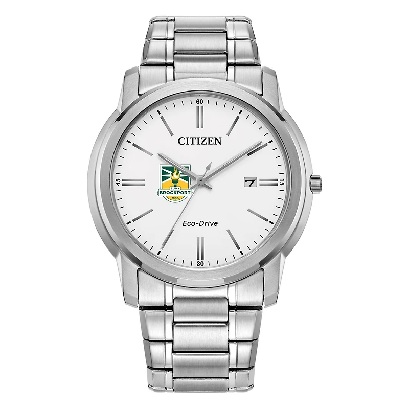 Men's Citizen Watch Silver SUNY Brockport Golden Eagles Eco-Drive White Dial Stainless Steel Watch