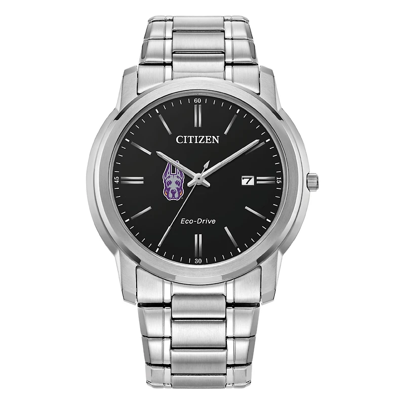 Men's Citizen Watch Silver UAlbany Great Danes Eco-Drive Black Dial Stainless Steel Watch