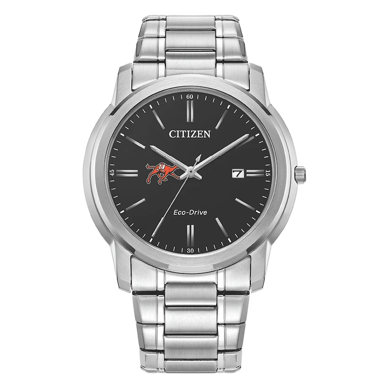 Men's Citizen Watch Silver Campbell Fighting Camels Eco-Drive Black Dial Stainless Steel Watch
