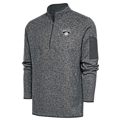 Men's Antigua Heather Gray New York Knicks Metallic Logo Fortune Quarter-Zip Jacket