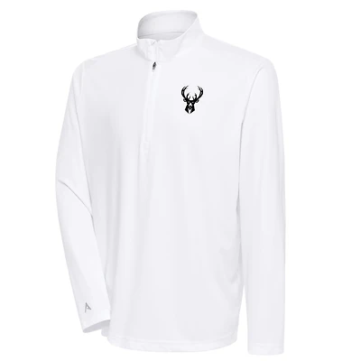 Men's Antigua White Milwaukee Bucks Metallic Logo Tribute Quarter-Zip Top