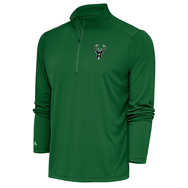 Men's Antigua Hunter Green Milwaukee Bucks Metallic Logo Tribute Quarter-Zip Top