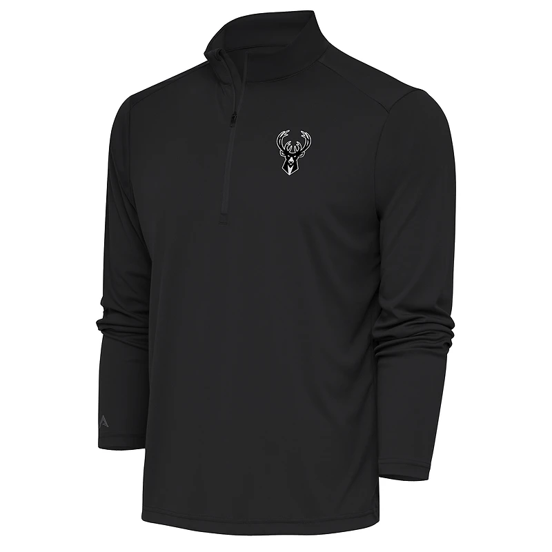 Men's Antigua Charcoal Milwaukee Bucks Metallic Logo Tribute Quarter-Zip Top