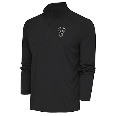 Men's Antigua Charcoal Milwaukee Bucks Metallic Logo Tribute Quarter-Zip Top
