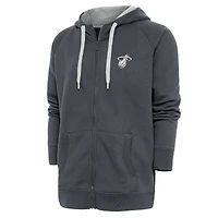 Men's Antigua Charcoal Miami Heat Metallic Logo Victory Raglan Full-Zip Hoodie