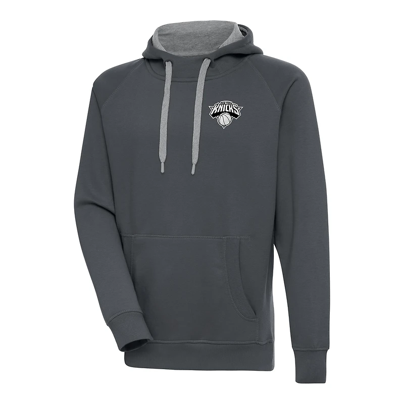 Men's Antigua Charcoal New York Knicks Metallic Logo Victory Raglan Pullover Hoodie