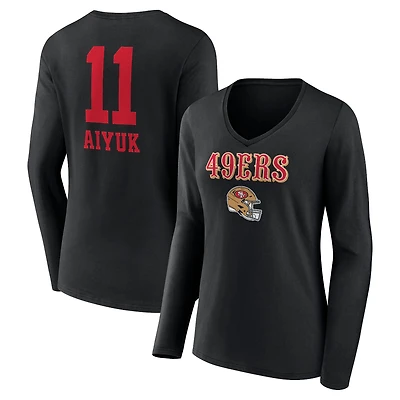 Women's Brandon Aiyuk Black San Francisco 49ers Wordmark Player Name & Number Long Sleeve V-Neck T-Shirt