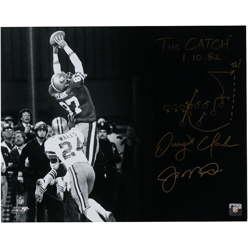 Joe Montana & Dwight Clark San Francisco 49ers Dual-Signed 16" x 20" Black & White The Catch Photograph with "The Catch 1.10.82" Inscription and Diagram of the Play