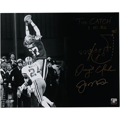Joe Montana & Dwight Clark San Francisco 49ers Dual-Signed 16" x 20" Black & White The Catch Photograph with "The Catch 1.10.82" Inscription and Diagram of the Play