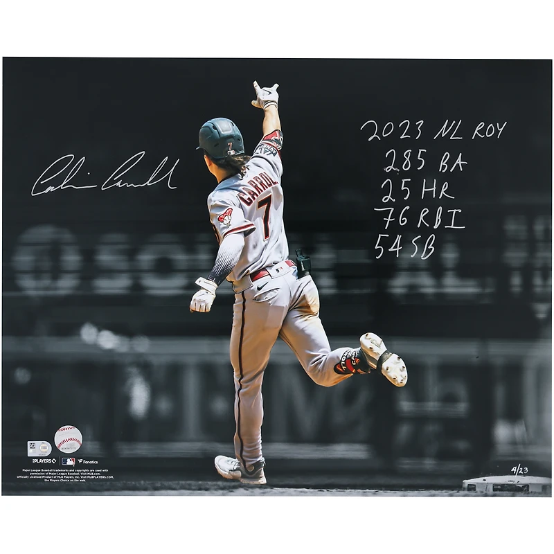 Corbin Carroll Arizona Diamondbacks Autographed 16" x 20" Pointing Spotlight Photograph with 2023 NL ROY Stats Inscriptions - Limited Edition of 23