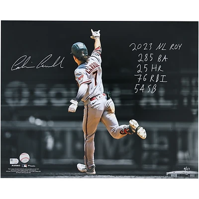 Corbin Carroll Arizona Diamondbacks Autographed 16" x 20" Pointing Spotlight Photograph with 2023 NL ROY Stats Inscriptions - Limited Edition of 23