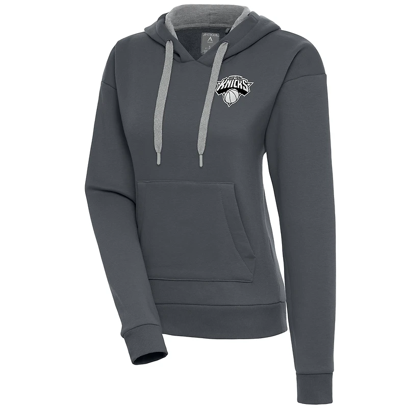 Women's Antigua  Charcoal New York Knicks Brushed Metallic Victory Pullover Hoodie
