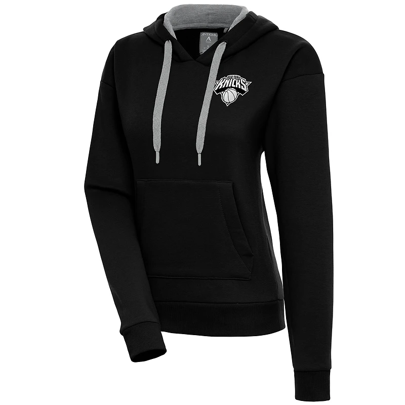 Women's Antigua  Black New York Knicks Brushed Metallic Victory Pullover Hoodie