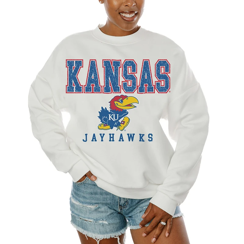 Women's Gameday Couture White Kansas Jayhawks Freestyle Fleece Pullover Sweatshirt