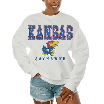 Women's Gameday Couture White Kansas Jayhawks Freestyle Fleece Pullover Sweatshirt